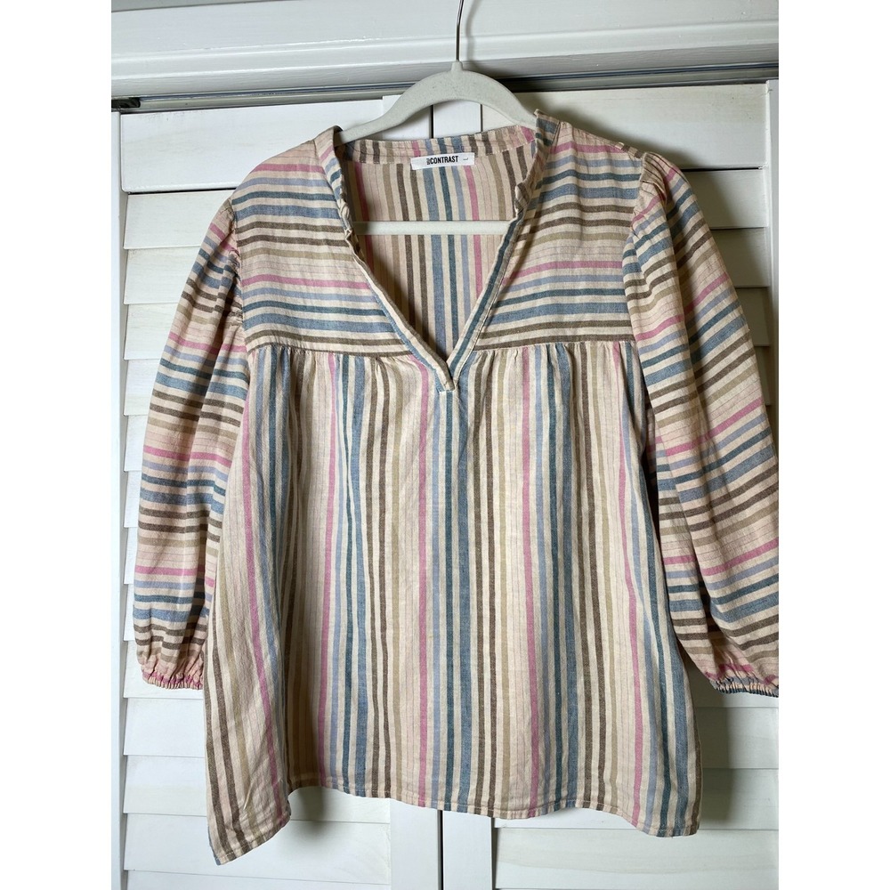 Self Contrast Womens Neutral Striped Puff Sleeve Blouse Boho Peasant Top | Large